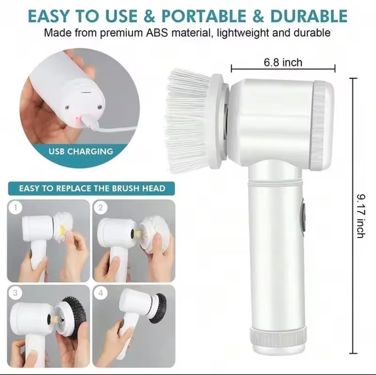Handheld Eectric Cleaning Brush Cordless Spin Scrubbe With 5 Replaceable Brush Heads USB Rechargeable 360°Power Scrubbe